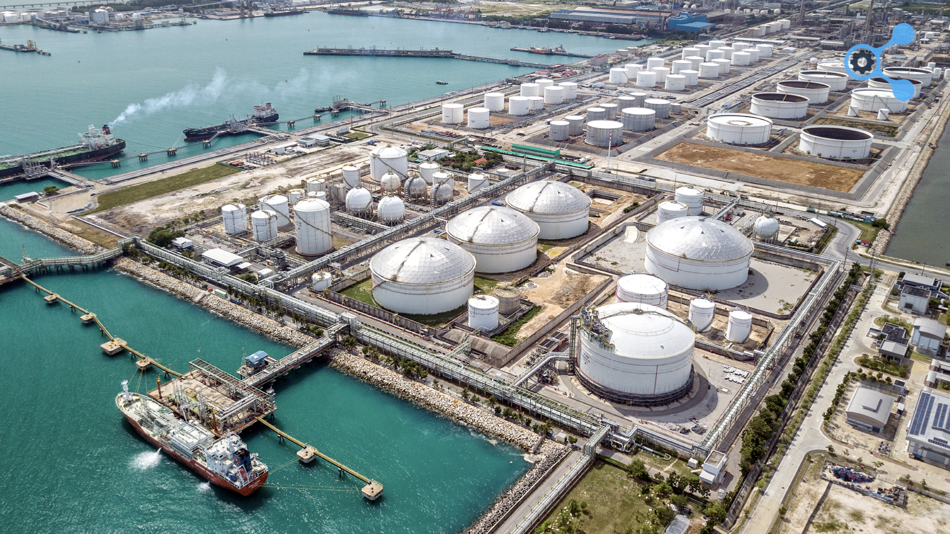 Aerial view of the Map Ta Phut ports and petrochemical plants, which handle liquid materials and natural gas, in Eastern Economic Corridor, Rayong, Thailand.