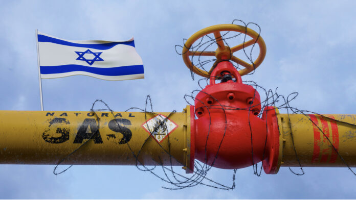 Pipe of gas Israel, Valve on the main gas pipeline Israel, Sanctions on Israel, the pipeline is wrapped with barbed wire, 3D work and 3D image