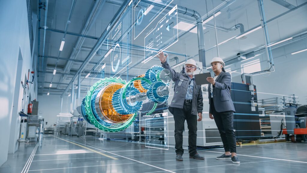 Factory,Digitalization:,Two,Industrial,Engineers,Use,Tablet,Computer,,Visualize,3d